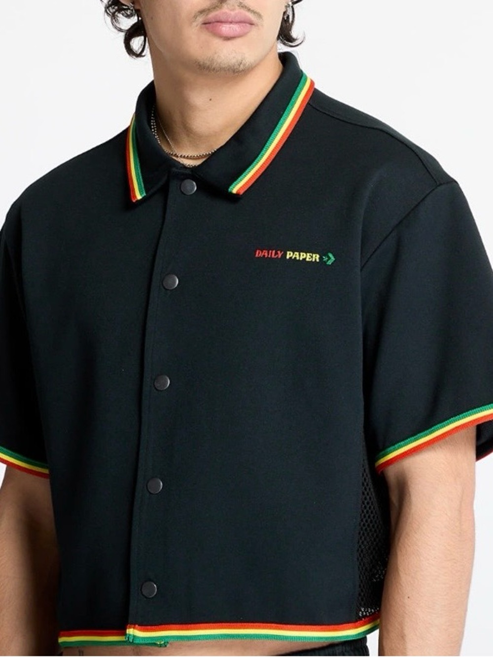 Daily Paper Black Short-Sleeve Polo with Red, Yellow & Green Trim Size L